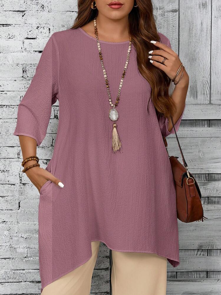 Plus Size Women Round Neck 3/4 Sleeve Asymmetric Hem Casual White Shirt, Spring & Summer Fall Women Clothes  Clothes/Vacation