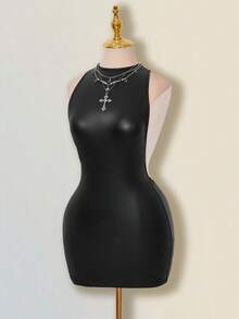 SHEIN ICON 纯色交叉露背性感休闲迷你连衣裙 - 黑色 - 查看 7