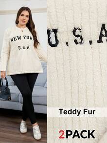SHEIN LUNE Plus Size Women's Beige 2 Pieces Set Winter Casual School Independence Day Letter Embroidery Fleece Sweatshirt&Black Leggings New York Streetwear - Multicolor - View 11