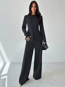 Firerie 女士优雅通勤日常百搭街头时尚新款不对称翻领纽扣腰长袖西装外套和高腰长裤卡其灰色两件套西装套装秋冬女装 - 藏蓝色 - 查看 4