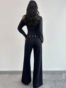 Firerie Quần nữ thanh lịch, thoải mái, thích hợp mặc đi làm, về nhà hàng ngày, dự lễ tốt nghiệp, lễ hội âm nhạc, tiệc tùng, dạo phố, chất liệu vải dệt kim màu đen, cạp trung bình, trang trí vòng kim loại, dáng ôm, ống rộng, màu đen, quần tây nữ mùa thu, tựu trường, sân bay, thời trang đường phố, mùa xuân. - màu đen - Xem 3
