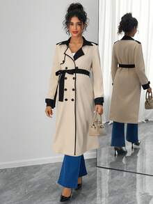 Momance معطف أنيق للحوامل بأكمام طويلة وحزام مزدوج الصدر بألوان متباينة