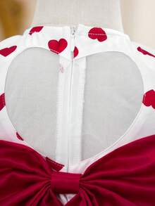 Elegant And Adorable White Polka Dot Dress With Heart And Butterfly Embellishments, Baby Girl Style, Valentine's Day Heart Design, 3D Bow Puff Sleeve Dress, Elegant White Dress With Heart Motifs, Graceful And Cute. - Multicolor - View 5