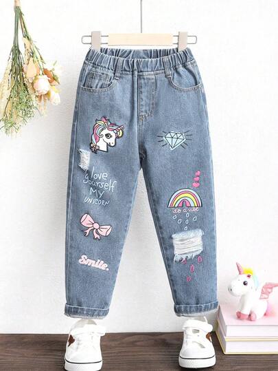SHEIN Playful Pals Girls' New Denim Jeans, Suitable For All Seasons, Cute Printed, Fashionable Casual, Versatile Fit, Light Blue Washed Denim, Soft & Comfortable Material, Casual & Versatile Girls Jeans
