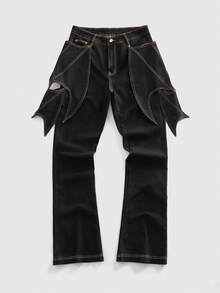 ROMWE MEN Goth Jeans acampanados con alas de murciélago para hombre en Halloween - Negro - Ver 1