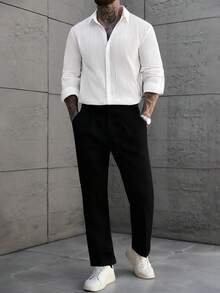 Manfinity Homme 男士纯色提花条纹休闲长袖衬衫 男士白色长袖衬衫 男士纹理衬衫 男士时尚衬衫 男士休闲衬衫 白色条纹衬衫 男士条纹衬衫 白色长袖上衣 - 白色 - 查看 4