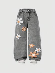 Jeans ampi da ragazza stile Y2K, jeans oversize a gamba larga, jeans ampi da ragazza, jeans larghi, nuovi arrivi 2025, jeans stile estetico con fiocchi di neve, lavati, strappati, ricamati, pantaloni a zampa, jeans con fiori, jeans carini con margherite per bambine stile anni '90, jeans grigi larghi e comodi, con fiori bianchi e marroni - Grigio - Visualizzare 3
