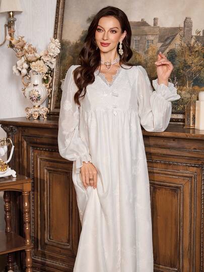 PalaceNights Geborduurde Neck Bowknot Loose Fit Mid Length Long Sleeve Women Nightgown, Fall