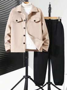 2 piezas Conjunto de chaqueta y pantalones casuales de lana y caqui para adolescentes, adecuado para salidas de otoño/invierno - Caqui - Ver 1