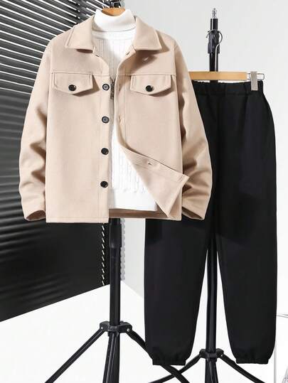 2 piezas Conjunto de chaqueta y pantalones casuales de lana y caqui para adolescentes, adecuado para salidas de otoño/invierno
