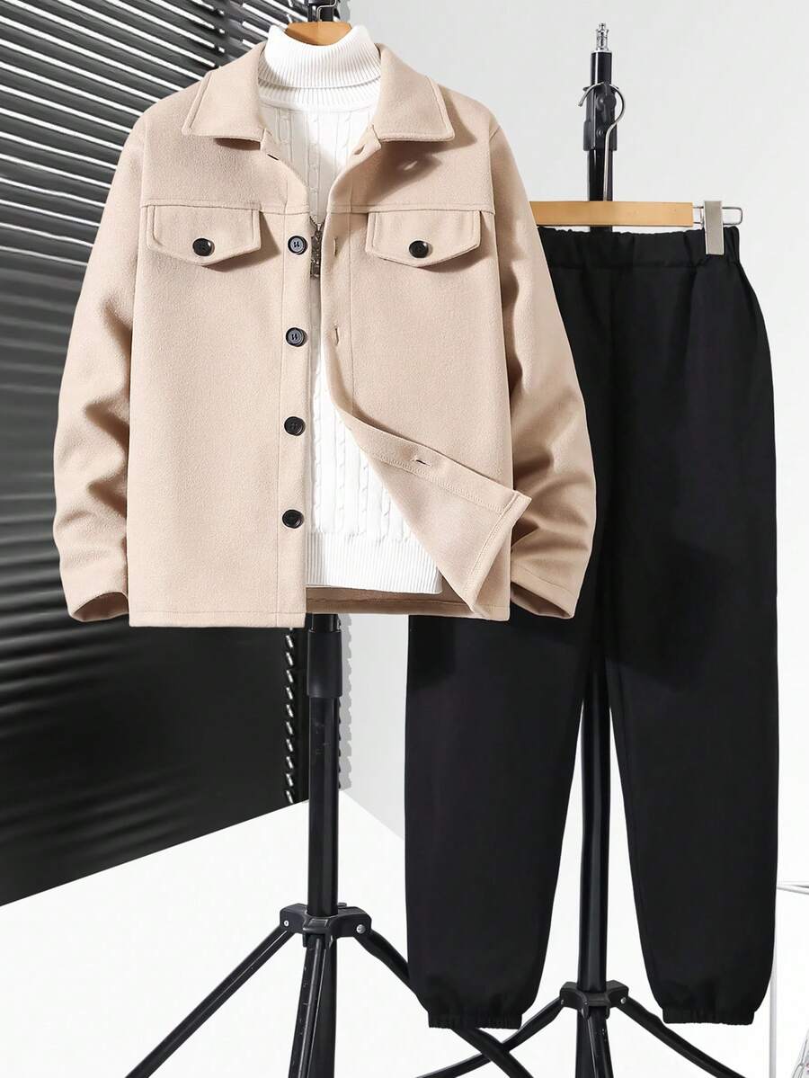 2 piezas Conjunto de chaqueta y pantalones casuales de lana y caqui para adolescentes, adecuado para salidas de otoño/invierno - Caqui - Ver 1