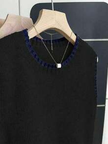 Franclia 女式休闲宽松圆领无袖针织撞色饰边卡其色毛衣上衣，春秋季 - 黑色 - 查看 3