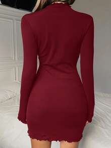 SHEIN EZwear 女士黑色针织弹力加厚修身连衣裙，秋冬款 - 酒紅色 - 查看 2