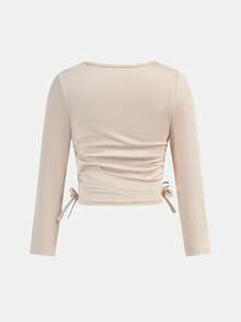 SHEIN 2pcs/Set Young Girls Bow Print Knit Casual Everyday Fashion Matching Set - Khaki - View 6