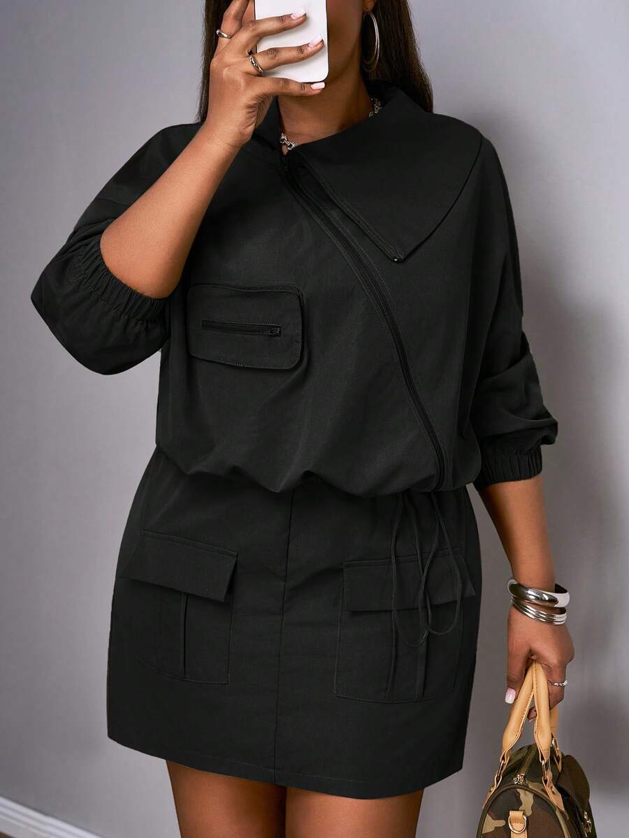 Slaydiva 2025 Nouveau style de rue printemps/été Tenue de sport décontractée pour festival de musique, tenue quotidienne et de boîte de nuit pour étudiants. Veste courte avec fausse poche poitrine oblique et ourlet à cordon de serrage en vert militaire unicolore. Mini-jupe cargo avec poches et taille élastique, ensemble 2 pièces grande taille