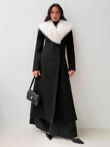 Aloruh Women's Elegant Long Overcoat With Fur Collar, Autumn/Winter Winter Elegant Casual - Black - View 7