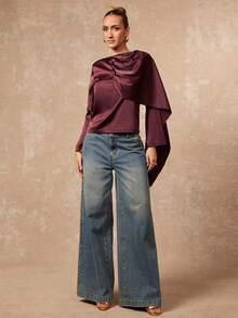 Lumalex Winter Fall Satin Shawl Collar Long Sleeve Women Blouse Luxury Prom Gathering Party Banquet Modest Old Money Coquette Glitter Holiday Party Rave Festival Outing Vacation Hot Outdoor Richly Layered Wedding Season Banquet ID Al-Adha Al-Adha Party New Year Looks Of Party Party Dress For Autumn - Red Violet - View 3