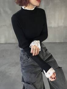 FRIFUL 女士撞色高领长袖蕾丝边袖口及下摆宽松休闲套头毛衣，秋冬款 - 黑色 - 查看 5