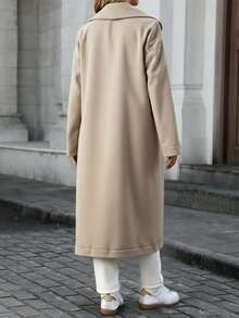 EURMUSE 纯色、落肩、翻领休闲款、带口袋细节、纽扣前襟长款大衣 - 米色 - 查看 2
