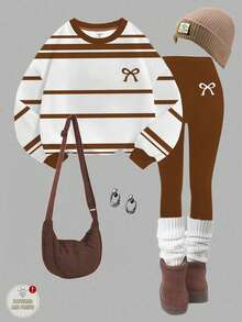 SHEIN 2 件套年轻女孩休闲简约时尚经典咖啡条纹和迷你蝴蝶结图案，梅洛色，圆领长袖运动衫和紧身裤，适合秋冬季 - 彩色 - 查看 3