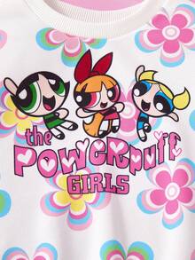 THE POWERPUFF GIRLS X SHEIN 2 件女婴可爱花卉、泡泡、毛茛图案圆领长袖运动衫和撞色裤子宽松秋冬套装 - 粉色 - 查看 5