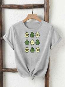 Camiseta de Manga Corta para Mujer en con Estampado de Aguacates Divertidos - Ideal para Ocio y Verano - Gris - Ver 3