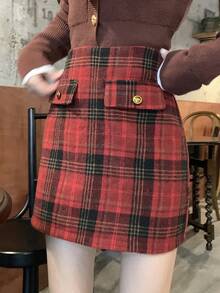 DAZY Women's High Waist Plaid Button Design Casual Short Skirt, Autumn/Winter - Burgundy - View 4