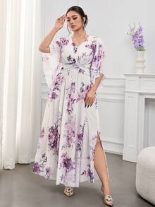 Modelyn 大码V领弹力A字印花连衣裙 - 彩色 - 查看 5