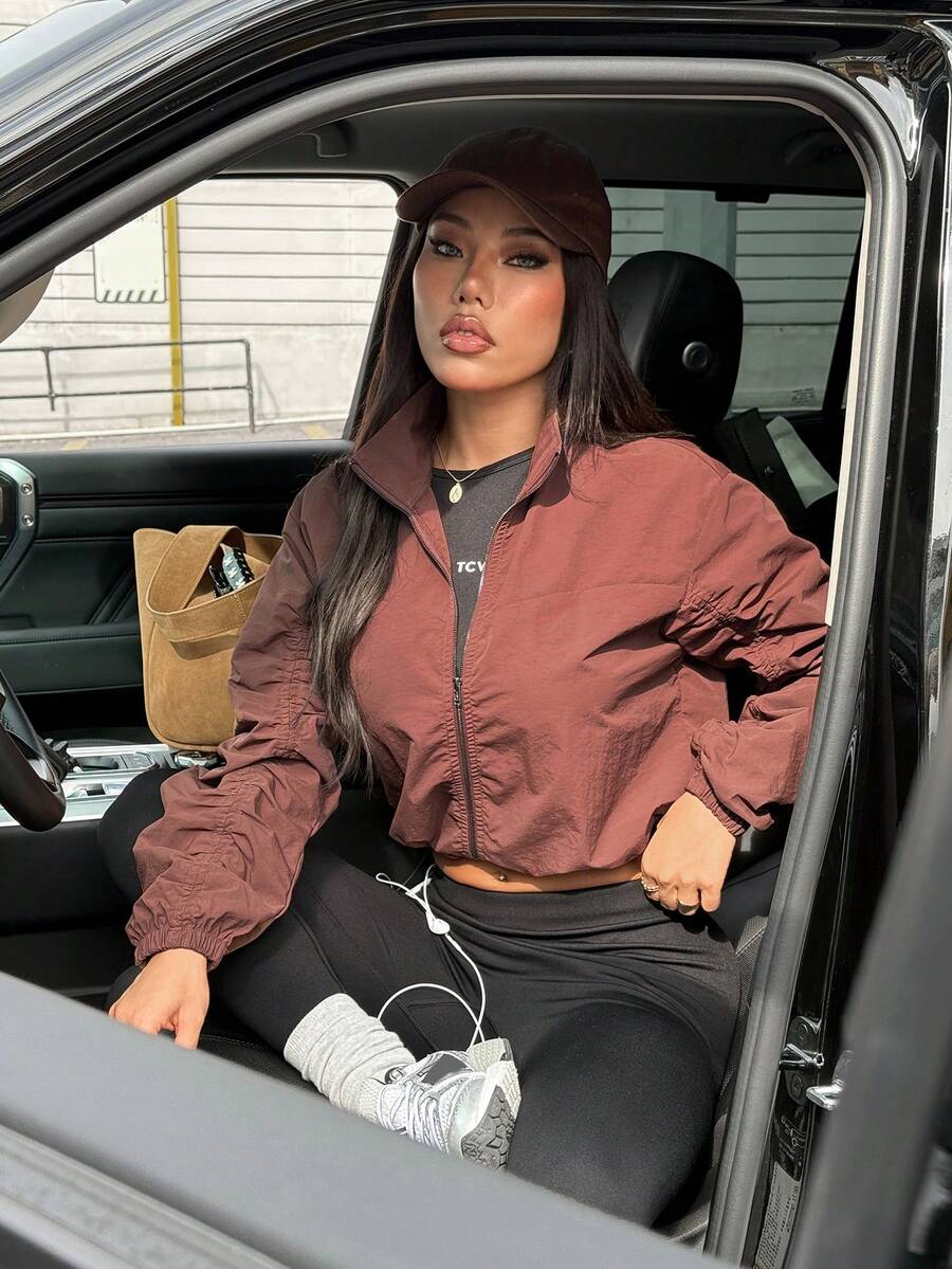 Dewbera 女士休闲纯色拉链长袖运动夹克 - 棕色 - 查看 1