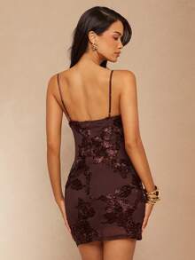 Silquee Robe nuisette en coton épais à fleurs brunes, élégante et sexy, avec broderie. Convient pour la Saint-Valentin, Noël, les rendez-vous, les sorties, les soirées en boîte de nuit et les rassemblements - Tabac - Voir 4