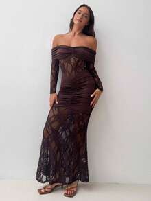 Aloruh Brown Retro Sexy High-End Elegant Party Banquet Off-Shoulder Ruched Mesh Patchwork Long Sleeve Extra Long Women's Dress, Suitable For Winter, Valentine's Day, New Year - Brown - View 5