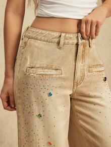 Easelle Quần jeans ống rộng dáng rộng thiết kế gợi cảm dành cho nữ, phong cách thoải mái - Màu Khaki - Xem 5