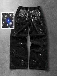 ROMWE MEN Street Life Men's Elastic Waist Drawstring Rhinestone Embellished Loose Straight Sweatpants - Black - View 1