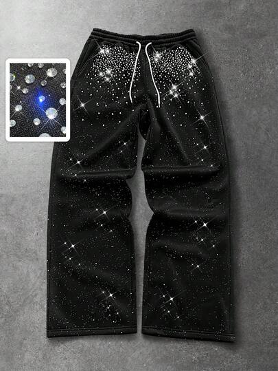 Street Life Pantaloni della tuta da uomo con vita elastica e coulisse, decorati con strass, dritti e morbidi