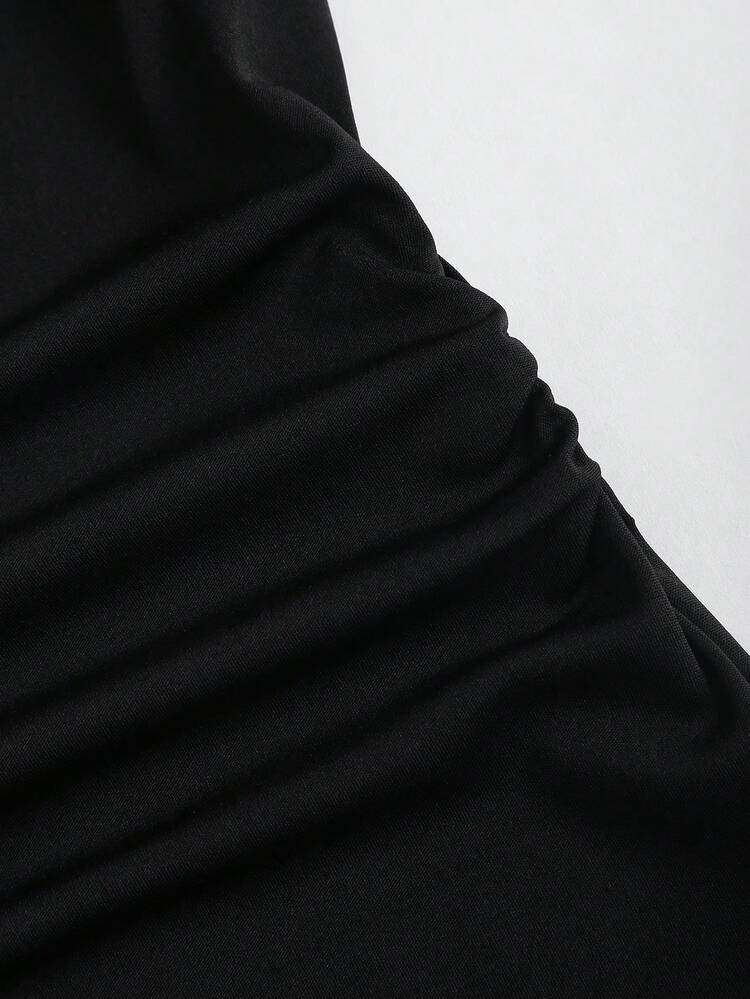 Sweetra 法式优雅复古浪漫通勤修身方领蕾丝拼接喇叭袖长袖迷你连衣裙，秋冬款 - 黑色 - 查看 5