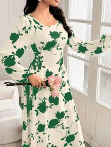 Seusyu 圆领灯笼袖侧抽绳双色印花连衣裙 - 綠色 - 查看 2