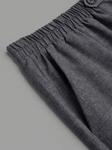 SHEIN Unity 大码女式梭织面料纹理亚麻混纺弹力腰直筒宽松裤，带口袋 - 灰色 - 查看 8