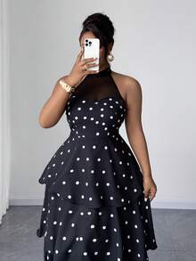 Maweii Rochie elegantă pentru damă, mărimi mari, neagră cu buline albe, din straturi, cu patchwork din plasă, rochie formală pentru toamnă, nuntă, petrecere de vacanță și vacanță - Negru - Vizualizare 5