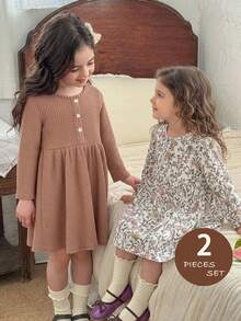 LMoss Kids LMoss 2pcs Young Girl Knitted Solid Color Round Neck Casual Dress Set, Suitable For Everyday Wear, Long Sleeve Dresses, Cozy Fall & Winter Styles, Fall - Multicolor - View 8