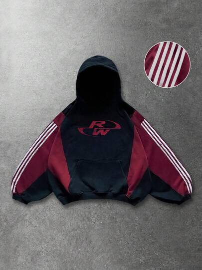 Street Life Men's Patchwork Contrast Color Hoodie, Loose Cropped Style