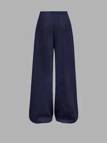 SHEIN Tween Girls Casual Fashionable Comfortable High Waist Wide Leg Straight Trousers, Suitable For Dailywear Navy Blue Pants Navy Pants Girls Pants Wide Leg,Kids Clothes Girls,Tween Girl Pants Long Pants Wide Leg Pants - Navy Blue - View 3