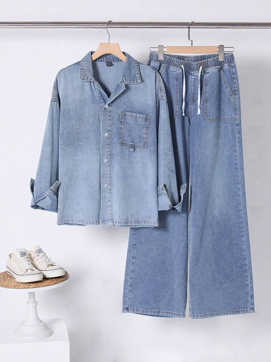2 Peças Conjunto de Moda Casual Adolescente Y2k Vintage Legal Retorna à Escola Faculdade Duas Peças Conjunto de Design Lavável Azul Confortável e Simples Camisa Denim e Calça Denim Larga Confortável para Roupas Infantis Adolescente Roupa Diária Macia e Roupas de Inverno e Outono Rave Festivais e Roupas Streetwear - Azul - Visão 1