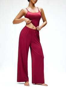 SHAPORA Women's Solid Color Cropped Camisole And Pants Casual Pajama Set - Red Violet - View 4