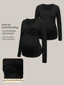 Modmama Maternity Solid Color Round Neck Long Sleeve Nursing Top Breastfeeding Top - Black - View 1
