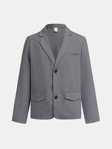 SHEIN 2 件套青少年男童夏季休闲学院绅士风格纯色西装外套和松紧腰正装裤套装，适合生日派对、晚会、表演、婚礼 - 灰色 - 查看 7