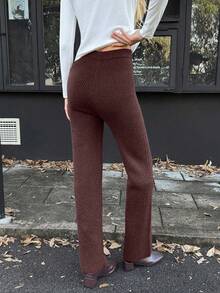 Elyressa Conjunto de suéter de unicolor y pantalones de pierna ancha con textura de cuerda retorcida para mujer, cómodo y casual, adecuado para otoño/invierno - Marrón - Ver 2