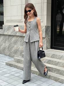 SHEIN 2pcs Tween Girls Grey Ribbed Waist Cinched Top + Long Casual Outfit Set, Fashionable For Commuting And Everyday Wear - Grey - View 4