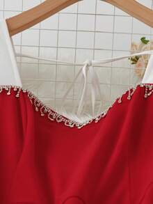 SHEIN Clasi Váy midi tay dài đính đá pha lê cao cấp, sang trọng, lãng mạn, thanh lịch, cỡ lớn dành cho nữ, thích hợp cho lễ cưới, lễ đính hôn, dạ tiệc, Giáng sinh, ngày lễ tình nhân, hẹn hò - Đỏ và trắng - Xem 7