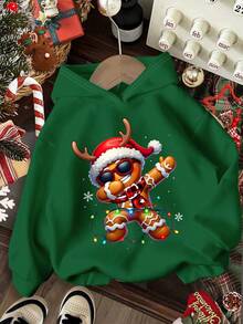 Tween Boy Casual Minimalist Fashion Classic Christmas Warm & Comfortable Cartoon Gingerbread Man & Christmas Pattern Thick Hooded Sweatshirt, Suitable For Autumn/Winter - Dark Green - View 2