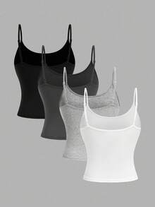 Girlism 4pcs/Set Teen Girls Cropped Casual Camisole Tops, Suitable For Spring, Summer, Autumn And Winter - Dark Grey - View 2